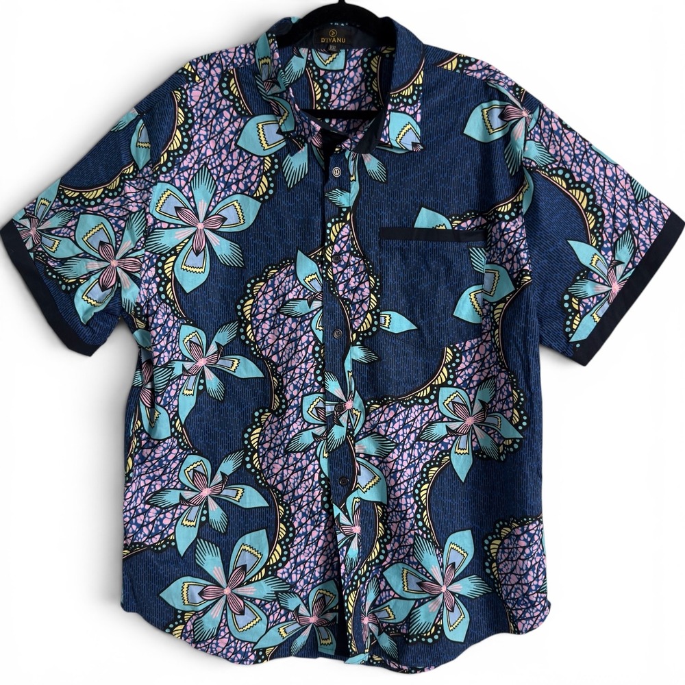 D'Iyanu African Print Floral Button Down Shirt Blue XXL Mens Short Sleeve‎ Wax